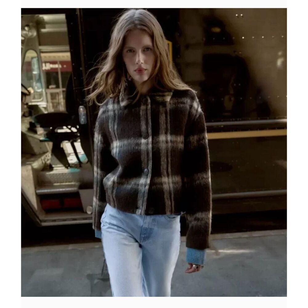 NWT Zara Plaid Wool Blend Jacket Brown Plaid